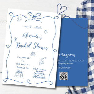 Brautparty Hand Drawn Französisch Blue Whimsical Einladung