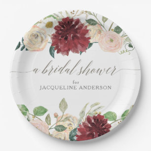 Brautparty Herbst Burgund Rose Leaf Floral Pappteller