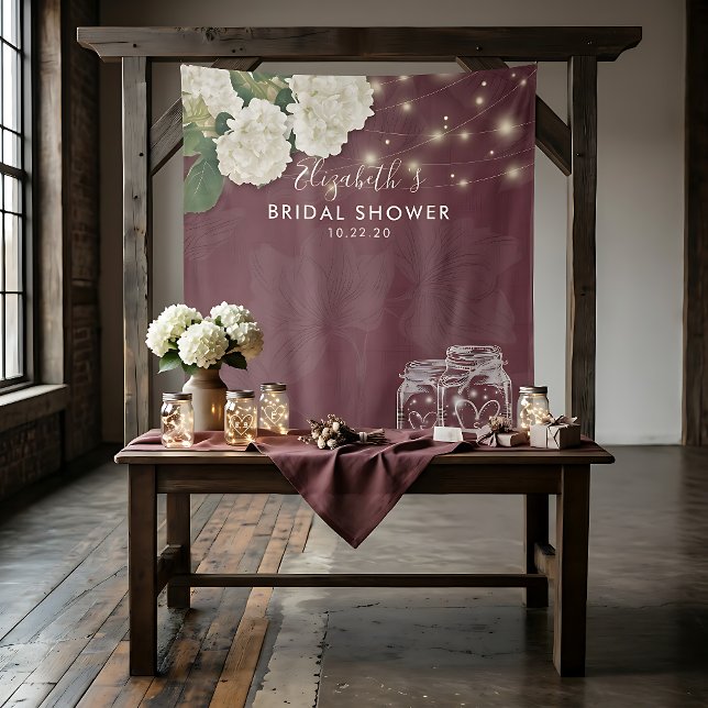 Brautparty Hintergrund Mason Jars Hydrangea Lights Wandteppich (Von Creator hochgeladen)