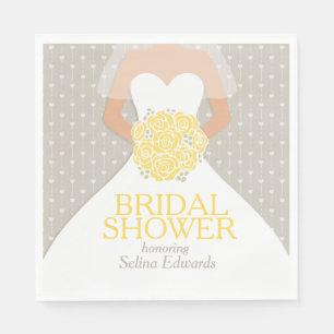 Brautparty Hochzeitskleid gelb graue Servietten