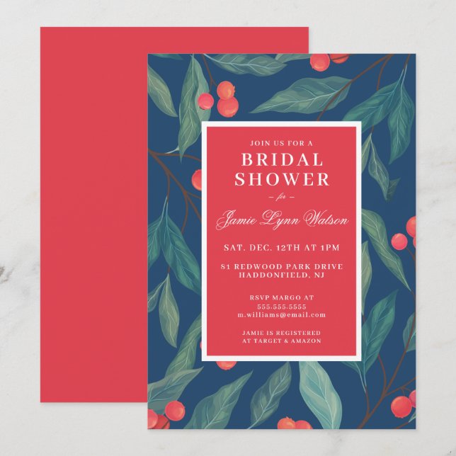 Brautparty | Holiday Holly & Berries Einladung (Vorne/Hinten)