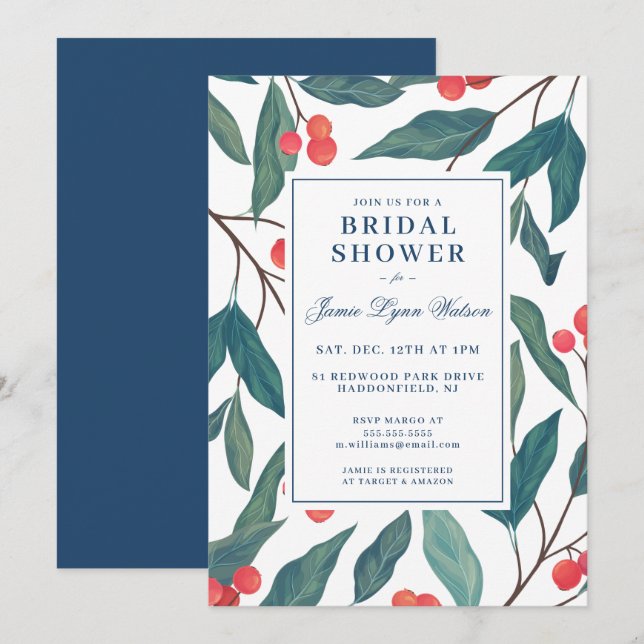 Brautparty | Holiday Holly & Berries Einladung (Vorne/Hinten)