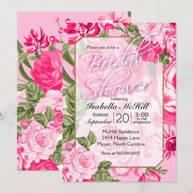 Brautparty - Hübsch rosa Rose Einladung (Vorne/Hinten)