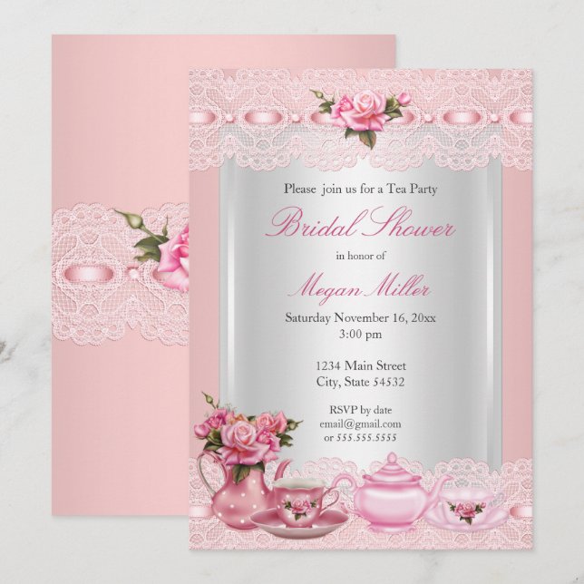Brautparty Hübsch Rosa Rosen Hoher Tee Party Einladung (Vorne/Hinten)