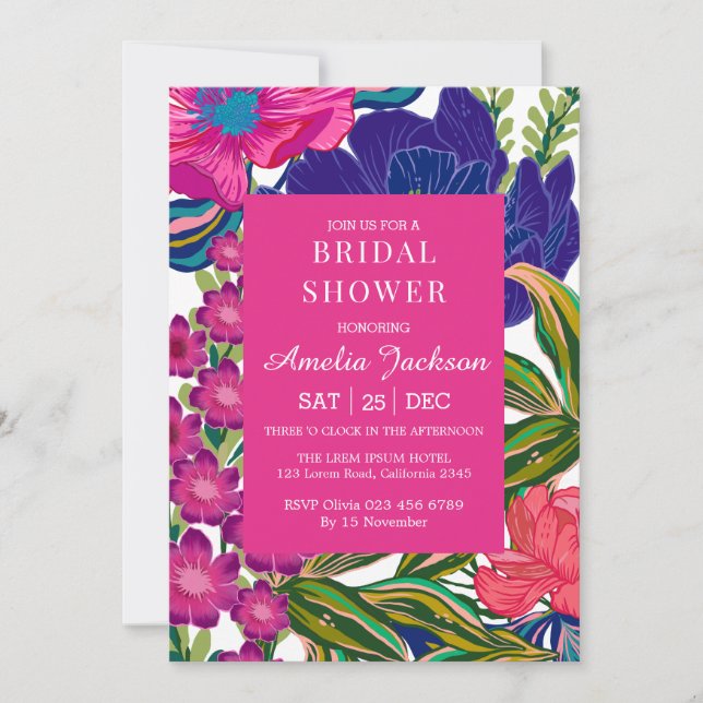 Brautparty in Aquarelltönen und botanisch-rosa Einladung (Vorderseite)