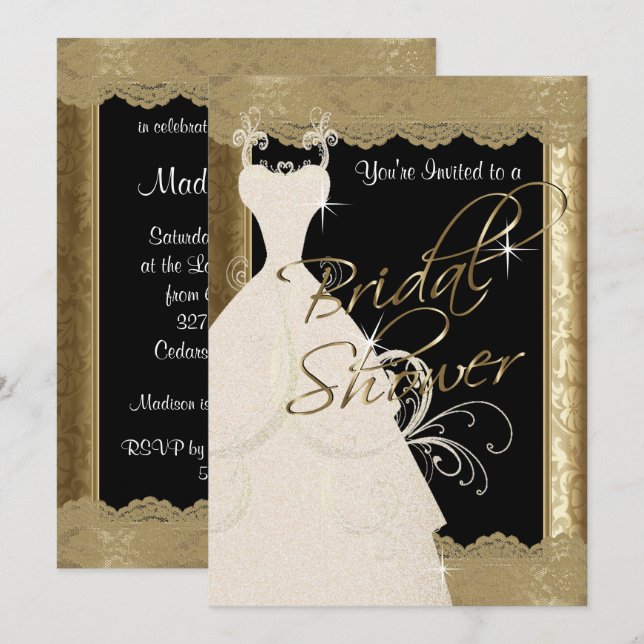 Brautparty in Metallic Antique Gold & Lace Einladung (Vorne/Hinten)