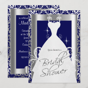 Brautparty in Navy Blue Damask und Silver Einladung