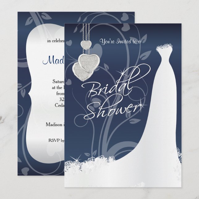 Brautparty in Navy Blue Floral Satin Einladung (Vorne/Hinten)