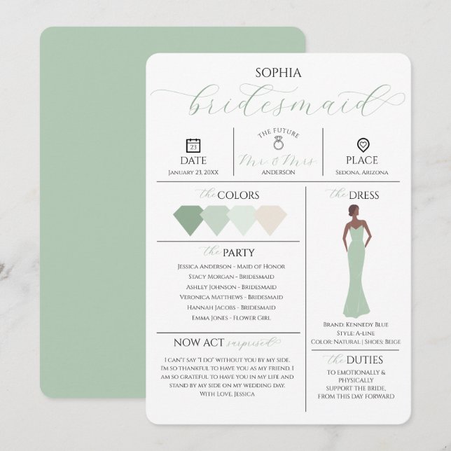 Brautparty Info Card Sie werden meine Bridesmaid Einladung (Vorne/Hinten)