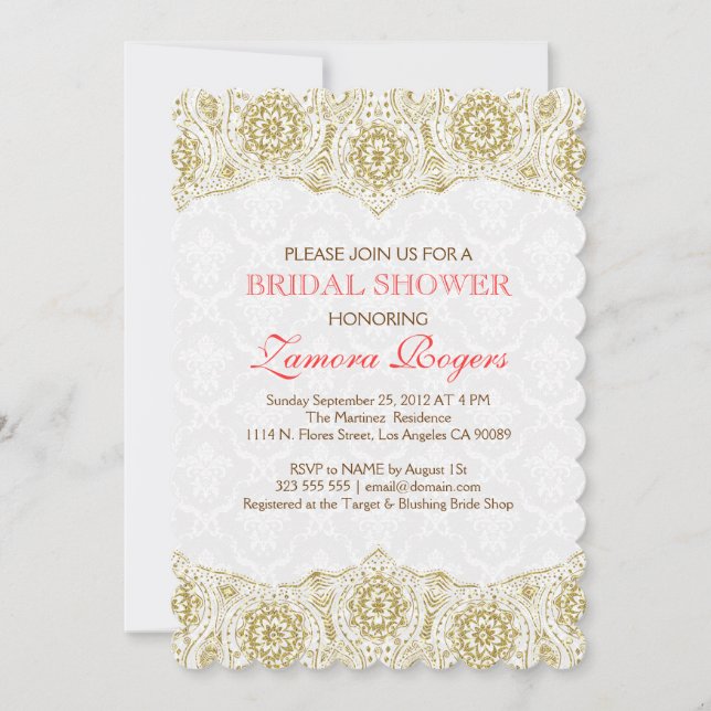 Brautparty Invite Gold Lace White Damasks Einladung (Vorderseite)