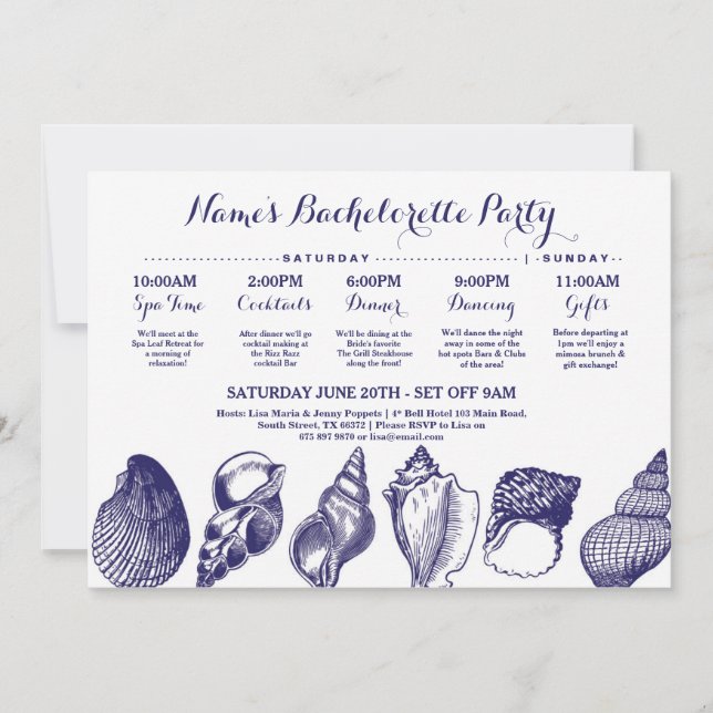 Brautparty Itinerary Beach Hochzeiten Muscheln Mee Einladung (Vorderseite)