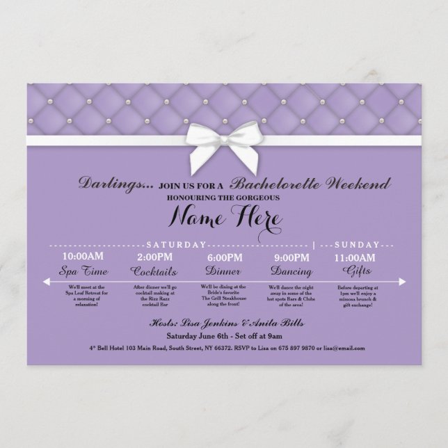 Brautparty Itinerary Lilac Bachelorette Einladung (Vorderseite)