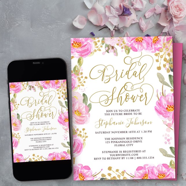 Brautparty Kalligrafie Pink und Gold Floral Einladung (Bridal Shower invitation from my Pink and Gold Watercolor Floral Collection
)
