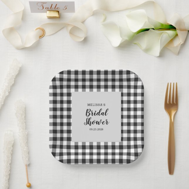 Brautparty Kariert Schwarz-weiß Gingham Pappteller (Hochzeit)