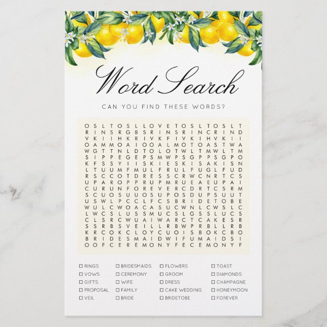 Brautparty-Karte für Word Search Lemon (Vorderseite)