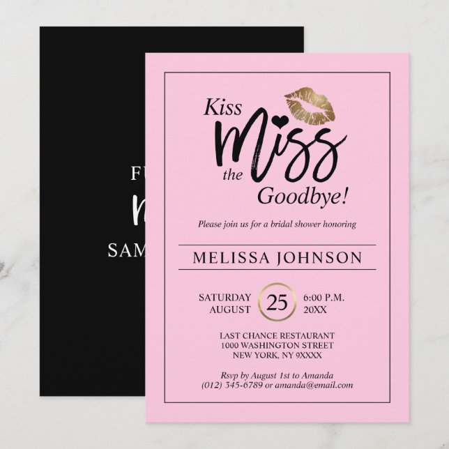 Brautparty Kuss-Fräulein-Goodbye Gold Lips Pink Einladung (Vorne/Hinten)