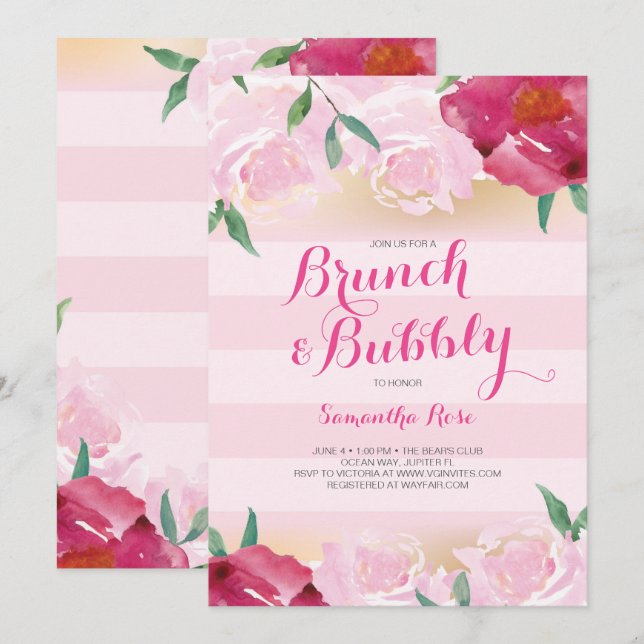 Brautparty laden, Brunch u. sprudelnde Blumen ein Einladung (Vorne/Hinten)