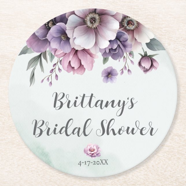 Brautparty Lavender & Green Floral Paper Untersetz Runder Pappuntersetzer (Vorderseite)