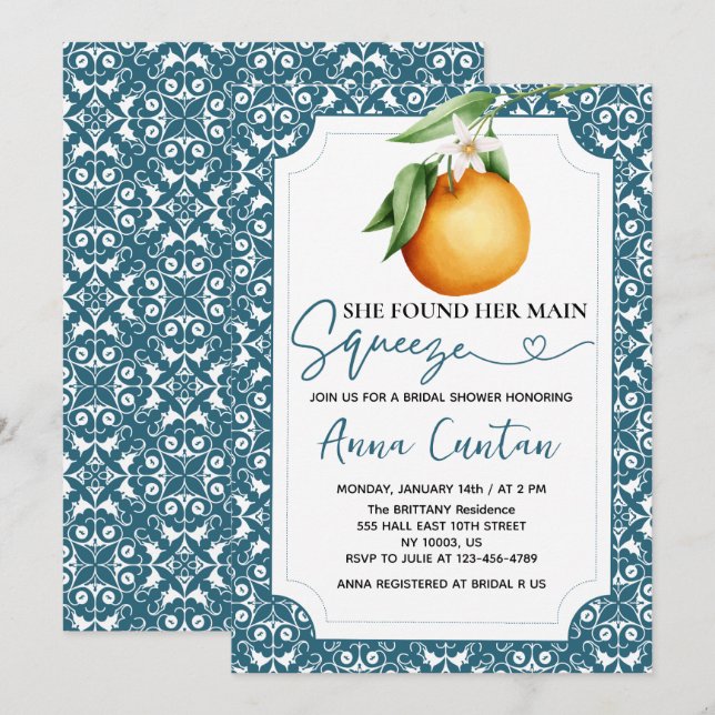 Brautparty Lemon Blue Tile Einladung (Vorne/Hinten)