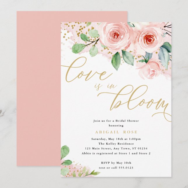 Brautparty Liebe in Bloom, Rosa Gold Blume Einladung (Vorne/Hinten)