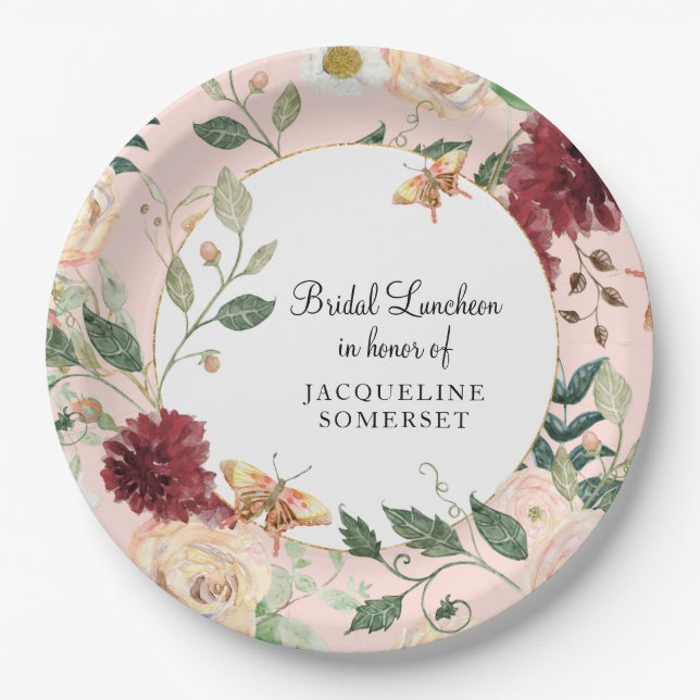 Brautparty Luncheon Wasserfarbene Flora und Fauna Pappteller (Vorderseite)