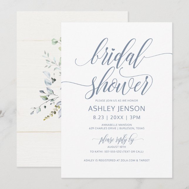 Brautparty Luxe Calligraphy Dusty Blue Floral Einladung (Vorne/Hinten)