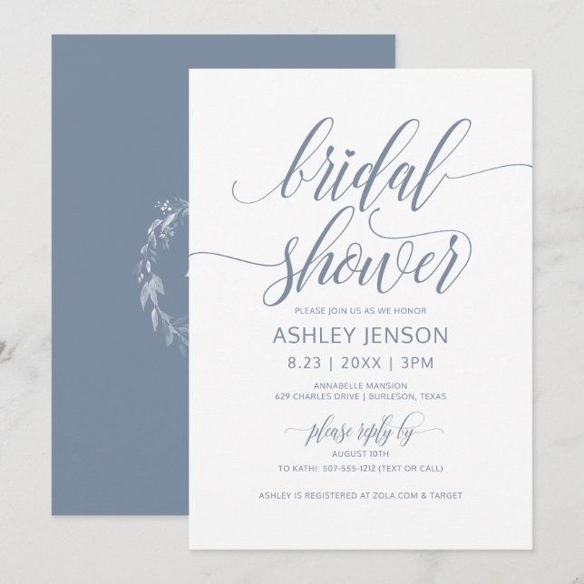 Brautparty Luxe Calligraphy Dusty Blue Floral Einladung (Vorne/Hinten)