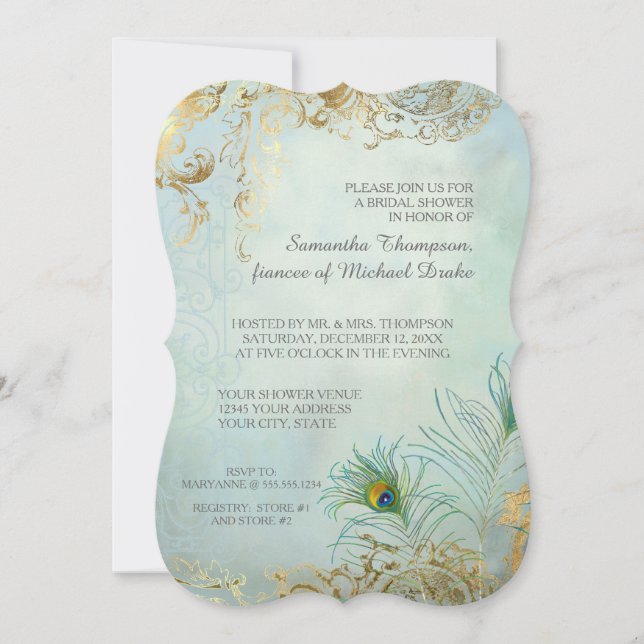 Brautparty Luxe Gold Peacock Feathers Elegante Einladung (Vorderseite)