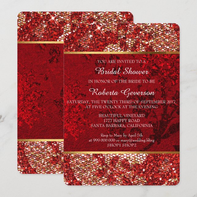 Brautparty Luxury Gold Red Lace Funkelnd Einladung (Vorne/Hinten)