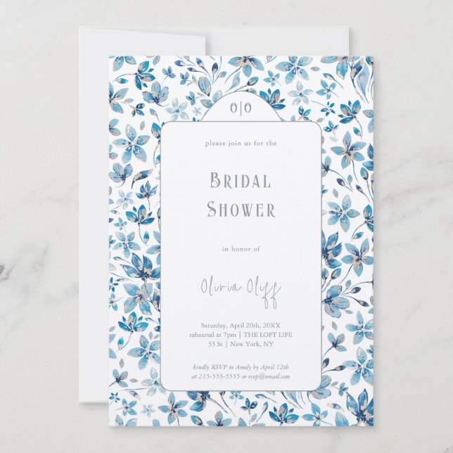 Brautparty mit blauen Blumen Einladung (Vorderseite)