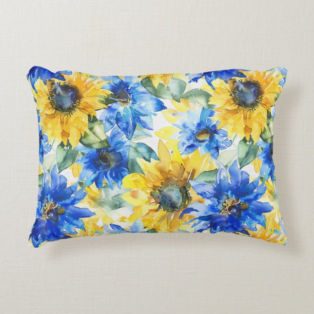 Brautparty mit blauen gelben Blumen Dekokissen (Vorderseite)
