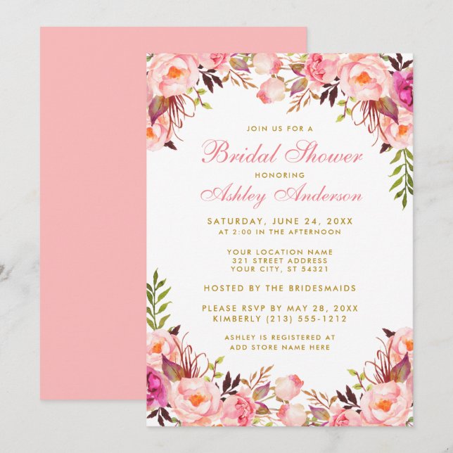 Brautparty mit Blumenmotiven Rosa und Gold Einladung (Vorne/Hinten)