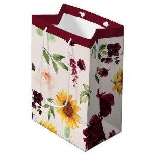 Brautparty mit Herbstsonnenblumen und burgunderrot Mittlere Geschenktüte