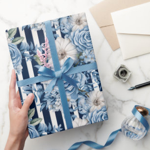Brautparty mit marineblauen Blumenstreifen Geschenkpapier