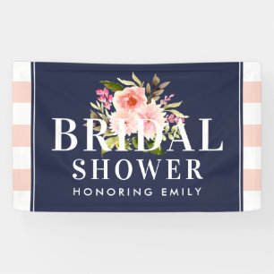 Brautparty mit Navy- und Rosé-Blumenhochzeit Banner