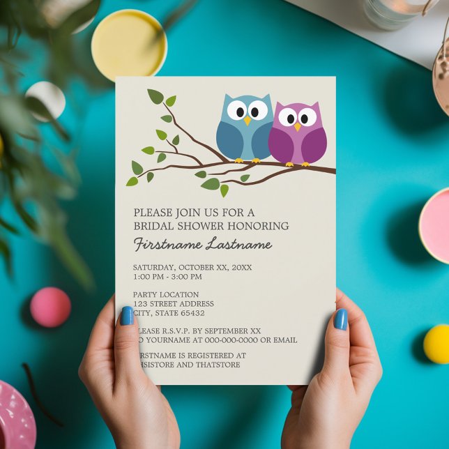 Brautparty mit Owl Couple auf Zweig Einladung (Bridal Shower Invitation - Cute Cartoon Owls on a Branch - Great Couple's Shower Invite)