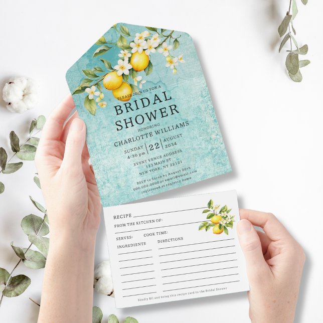 Brautparty mit Recif All In One Einladung (Watercolor Lemon Bridal Shower With Recipe All In One Invitation
)