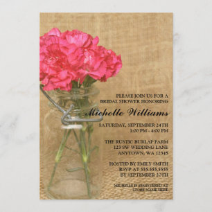 Brautparty mit Vintage-Mason-Glas und rosa Nelken Einladung