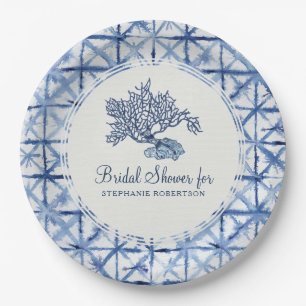 Brautparty Modern Beach Coral Indigo Shibori Pappteller