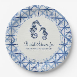 Brautparty Modern Beach Seepferd Indigo Shibori Pappteller
