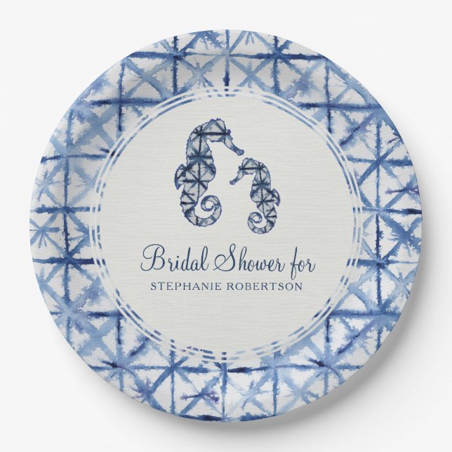 Brautparty Modern Beach Seepferd Indigo Shibori Pappteller (Vorderseite)