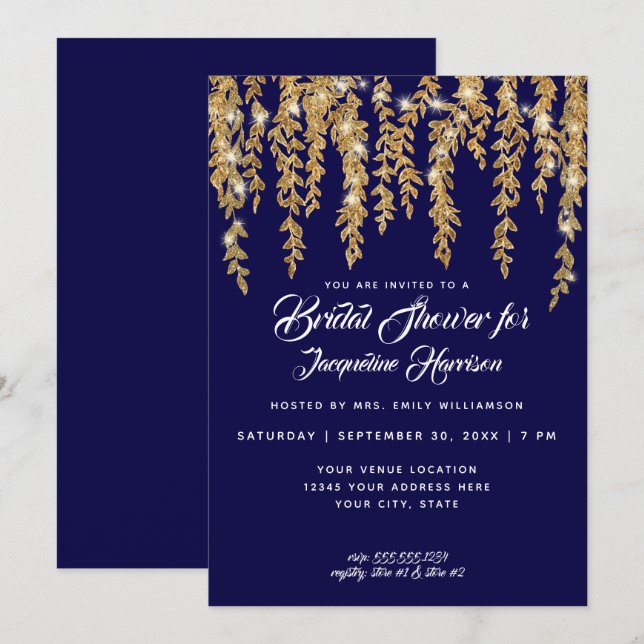 Brautparty Modern Navy Gold Twinkle Lights Einladung (Vorne/Hinten)