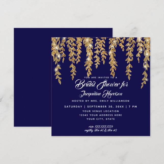 Brautparty Modern Navy Gold Twinkle Lights Einladung (Vorne/Hinten)