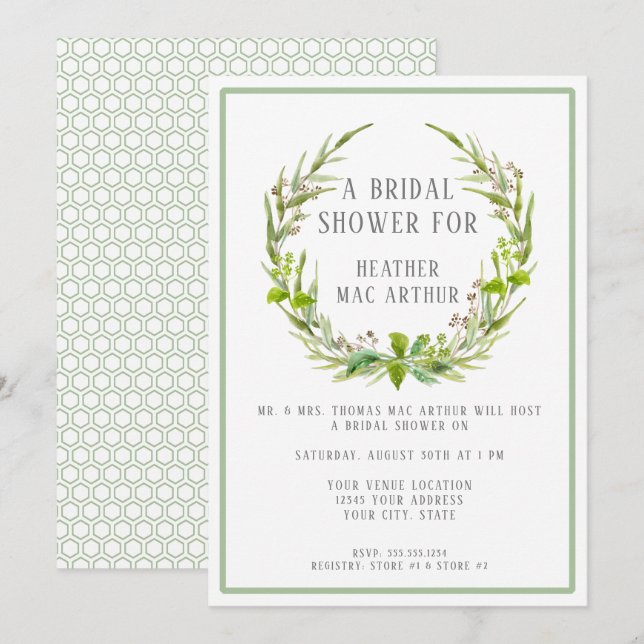 Brautparty Modern Watercolor Leaaath Green Einladung (Vorne/Hinten)