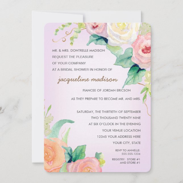 Brautparty Moderne Aquarellblumen Rose Einladung (Vorderseite)