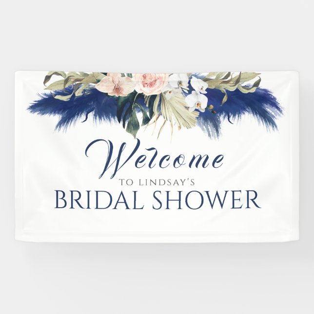 Brautparty "Navy Blue Pampas Grass" Willkommen Banner (Horizontal)