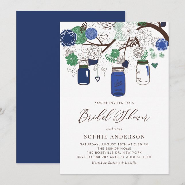 Brautparty Navy Blue und Green Mason Jars Einladung (Vorne/Hinten)