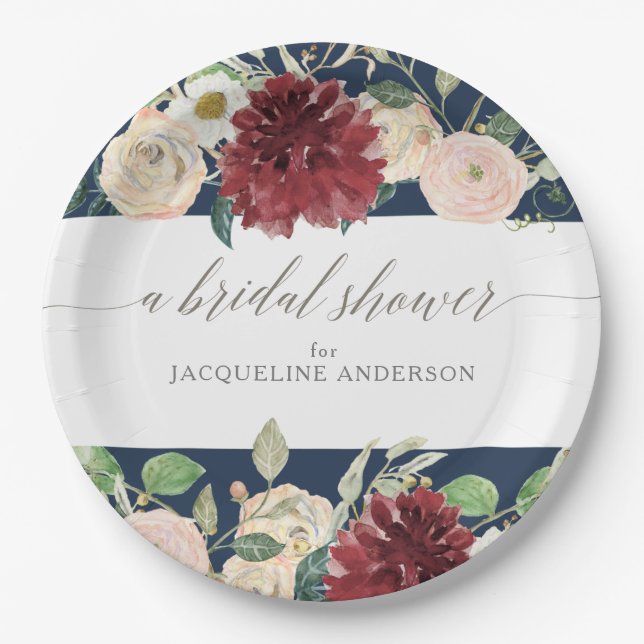 Brautparty Navy Blush Burgund Rose Blumenkohl Pappteller (Vorderseite)