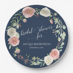Brautparty Navy Blush Elfenbeinküste Rose Wreath Pappteller