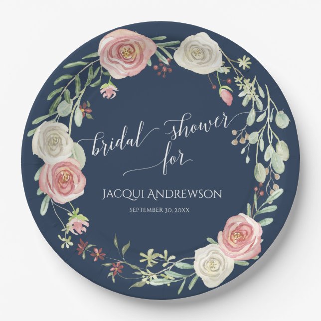 Brautparty Navy Blush Elfenbeinküste Rose Wreath Pappteller (Vorderseite)